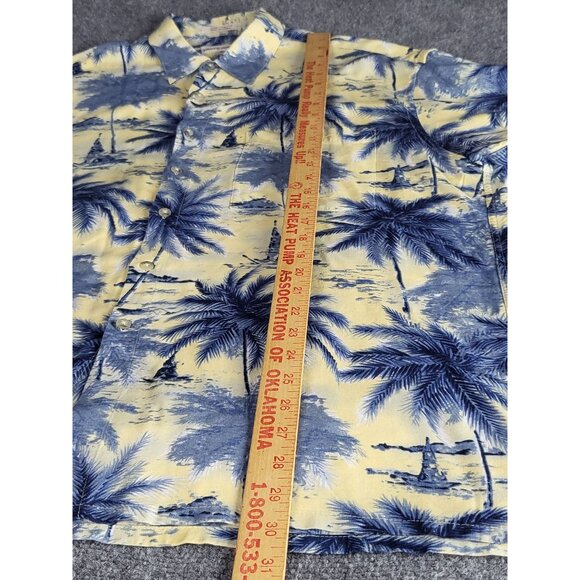 Pierre Cardin Button Up Shirt Men Sz L Yellow Blue Palm Trees Hawaiian Island - Picture 5 of 8
